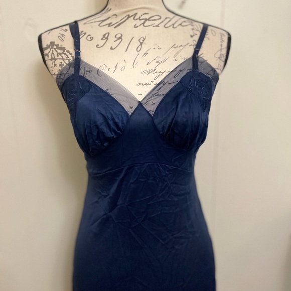 VTG romantic  Navy blue slip dress chemise neglige lingerie cottagecore - Picture 6 of 8